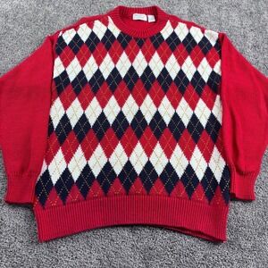 Vintage Columbus Avenue Sweater Mens M Red Argyle Cotton Knit Made USA